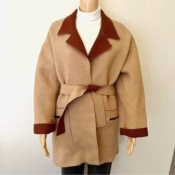 Vintage Oversized Wool Minimalist Cream Burgundy Relaxed Fit  Belted Jacket - Picture 1 of 14